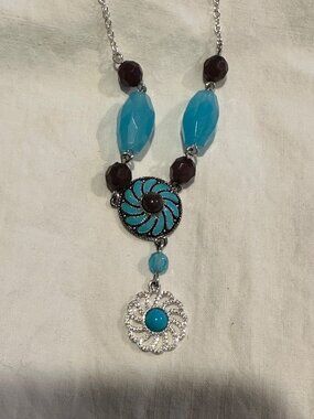 Bohemian Silver Chain Necklace With Blue & Brown Beads Swirl Pendant And Flower